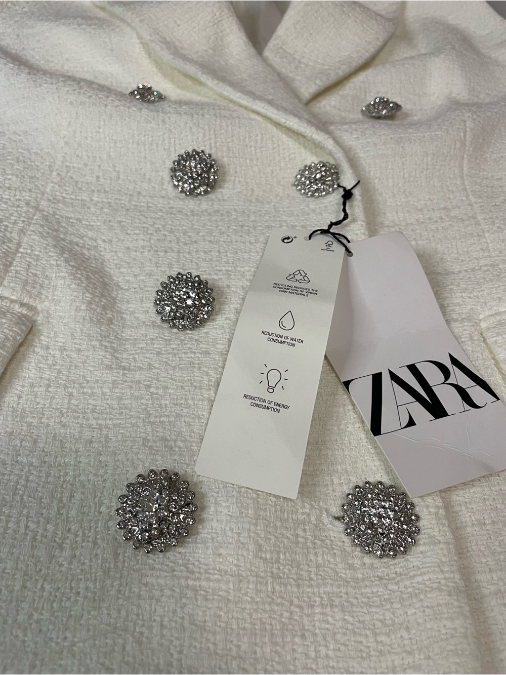 Zara White Tweed Textured Vest Waistcoat Blazer Dress Rhinestone Buttons Size L - Picture 3 of 11